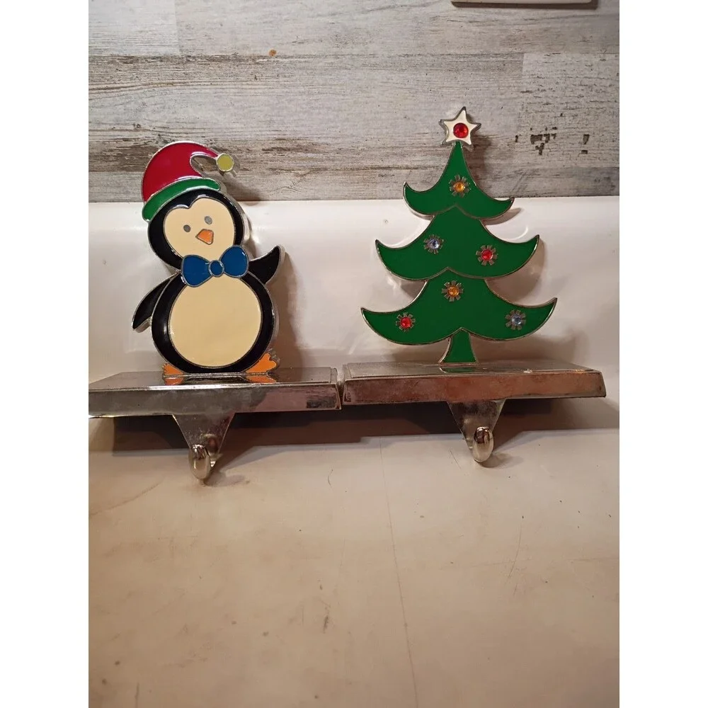 Enamel Metal Stocking Hanger Penguin & Christmas Tree